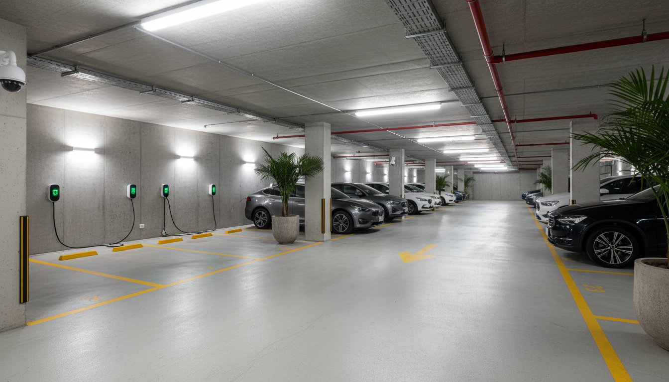 Recarga de carro elétrico em condomínio na garagem com carregadores