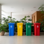 Coleta seletiva em condomínios com lixeiras coloridas para reciclagem de resíduos